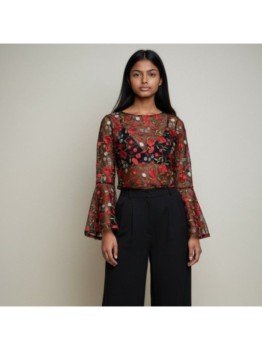 Embroidered Sheer Black Mesh Crop Top With Red Rose Design & Bell Sleeves By Hau - Picture 6 of 13